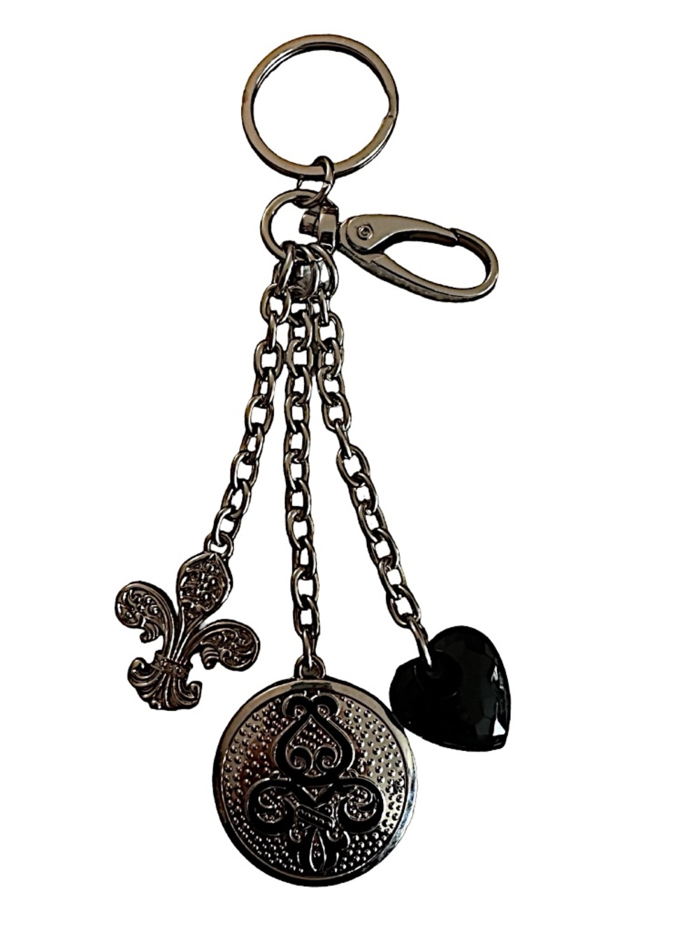 KATHY VAN ZEELAND Silver-toned Heart & Fleur-de-lis Key Chain Purse Charm 6.5”